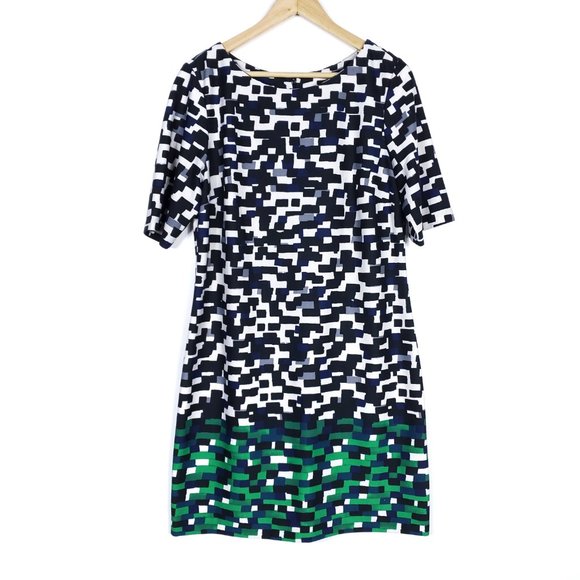 Eliza J Black White Gray Green Geometric Print Short Sleeve Zip Dress 14